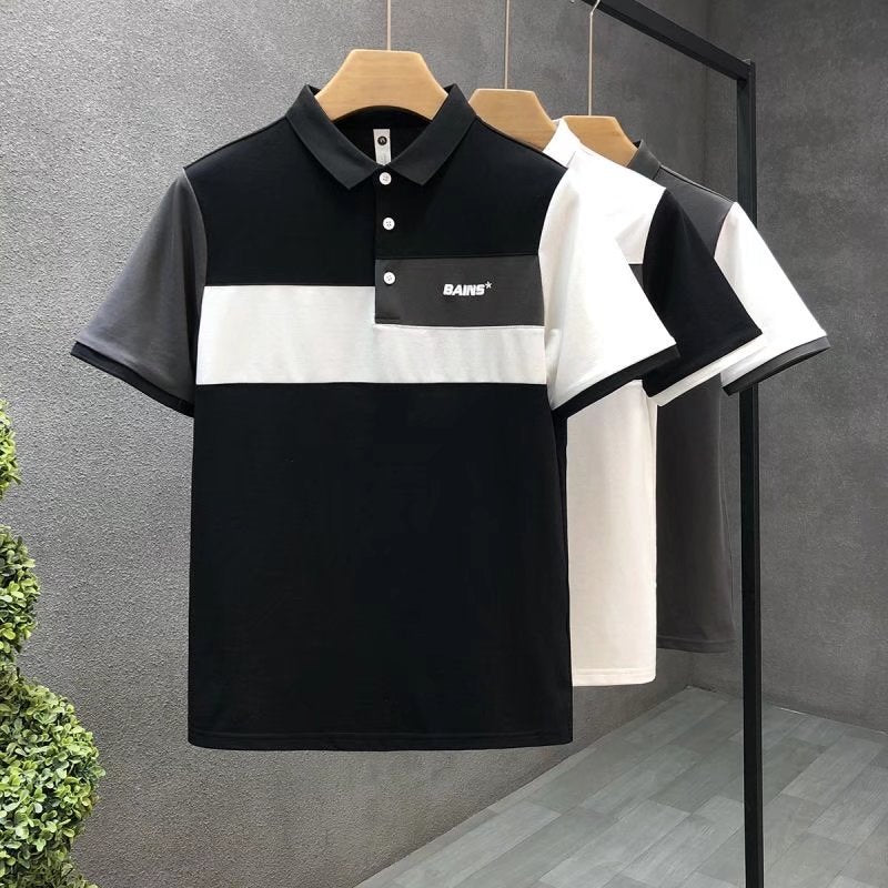 Trend Stitching Contrast Color Polo Shirt Men's Short Sleeves