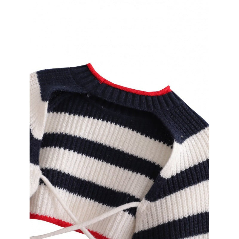 European And American Short Backless Striped Lace-up Knitted Top