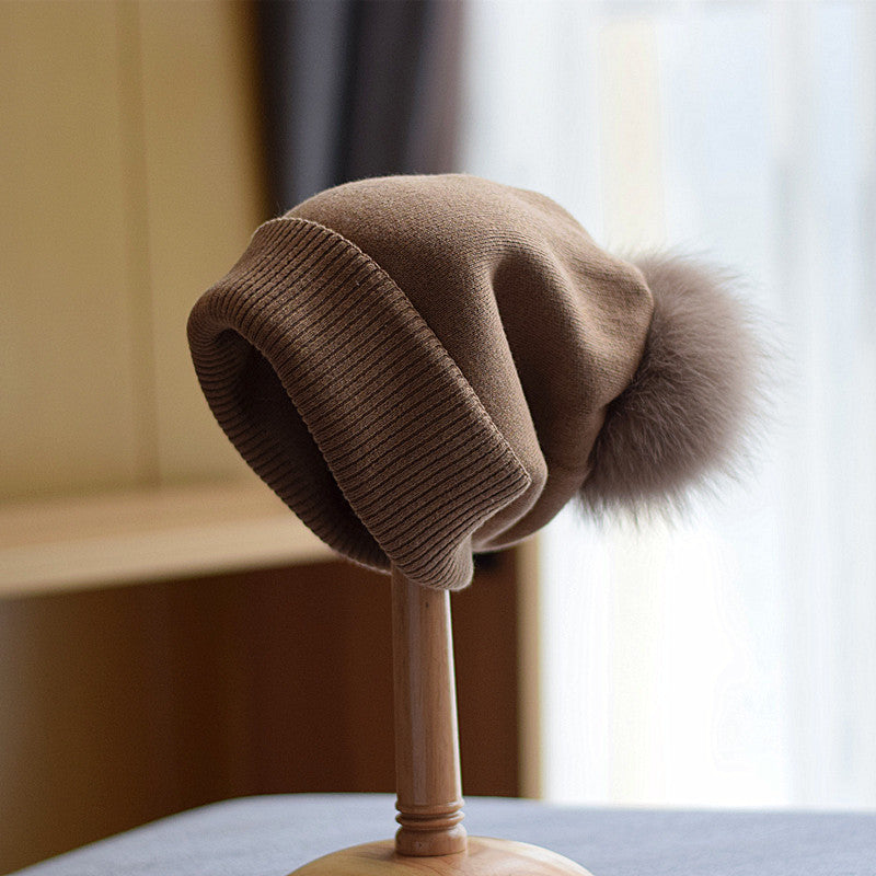 Fox Fur Ball Double-layer Warm Padded Knitted Hat