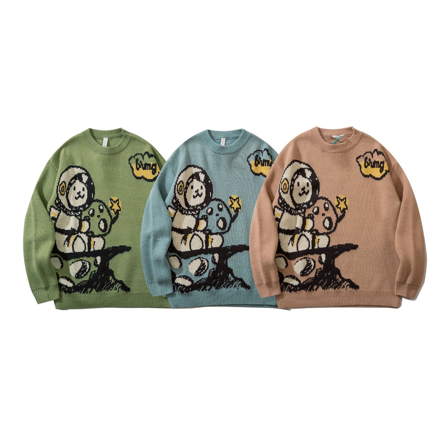 Retro Cartoon Jacquard Round Neck Sweater Loose Casual