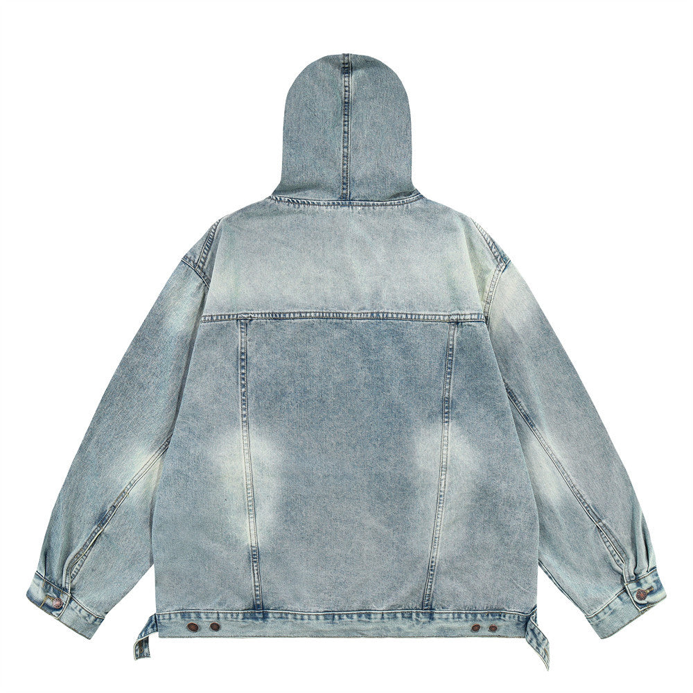 Washed Distressed Stitching Hooded Pullover Denim Hoodie