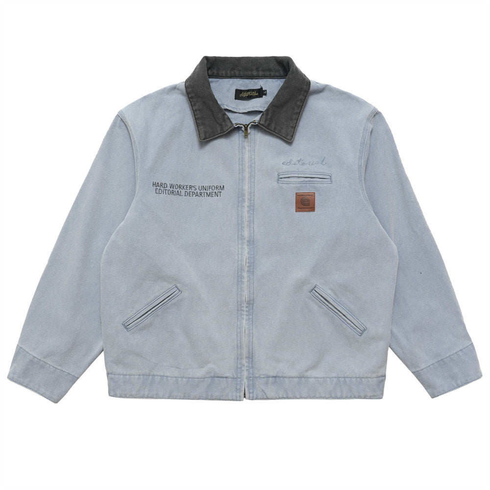 Color Stitching Turnover Neck Zipper Men's Spring And Autumn Loose Casual Canvas Workwear Denim Jacket