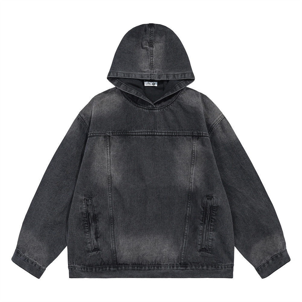 Washed Distressed Stitching Hooded Pullover Denim Hoodie